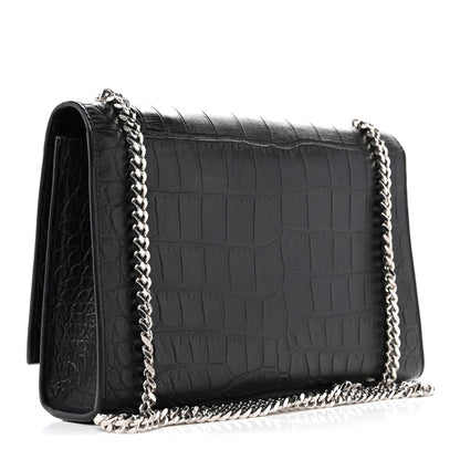 Calfskin Crocodile Embossed Medium Classic Monogram Kate Tassel Satchel Black