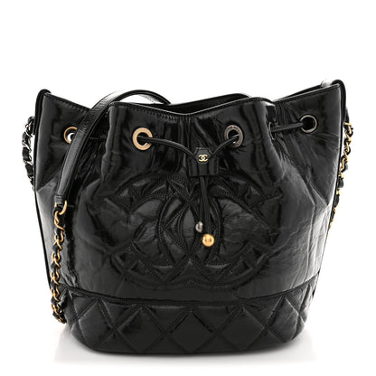 Shiny Aged Calfskin CC Chain Drawstring Bag Black