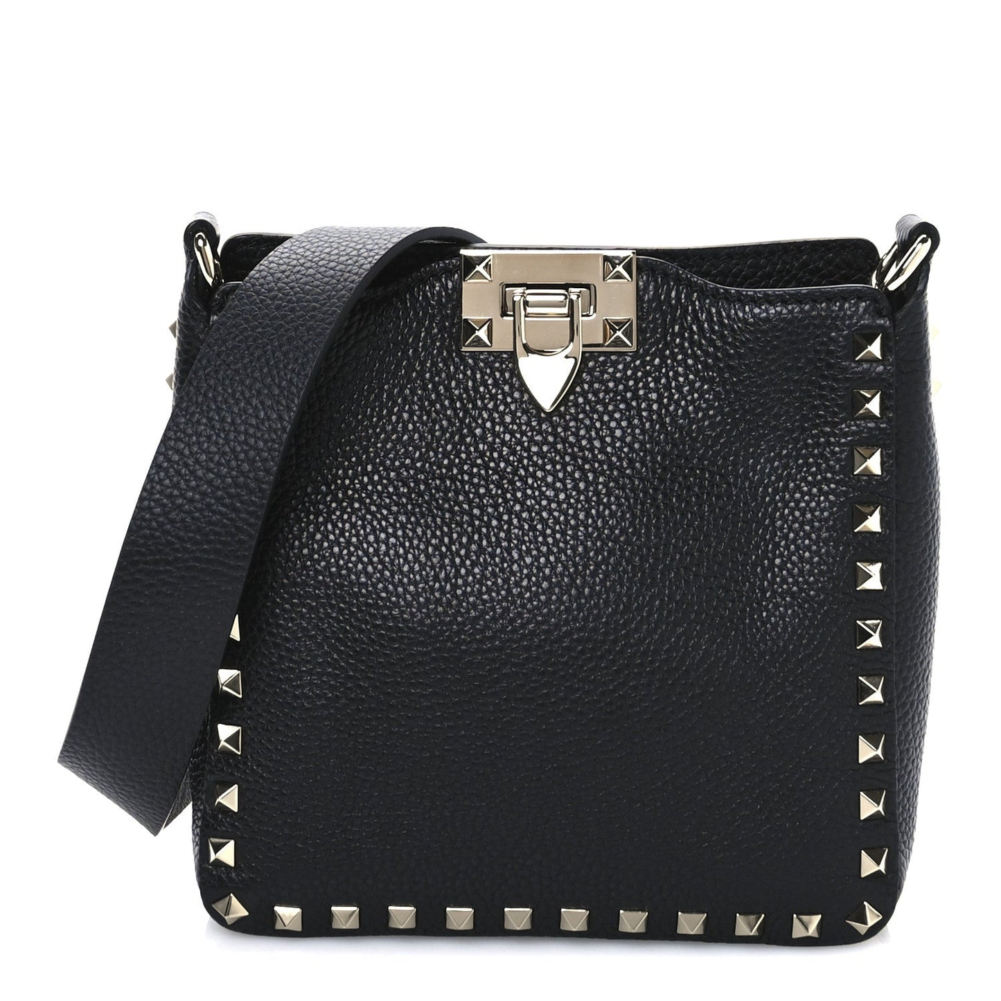 Pebbled Calfskin Mini Rockstud Flip-Lock Messenger Bag Black