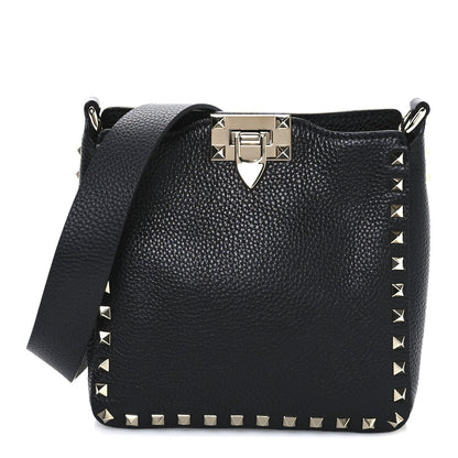 Pebbled Calfskin Mini Rockstud Flip-Lock Messenger Bag Black