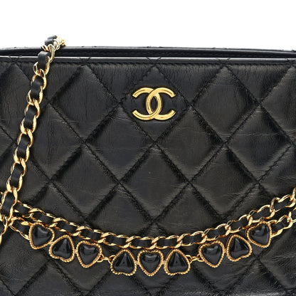 Shiny Crumpled Calfskin Quilted Clutch With Chain Black