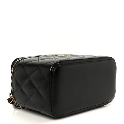 Lambskin Quilted Small Top Handle Vanity Case With Chain Black