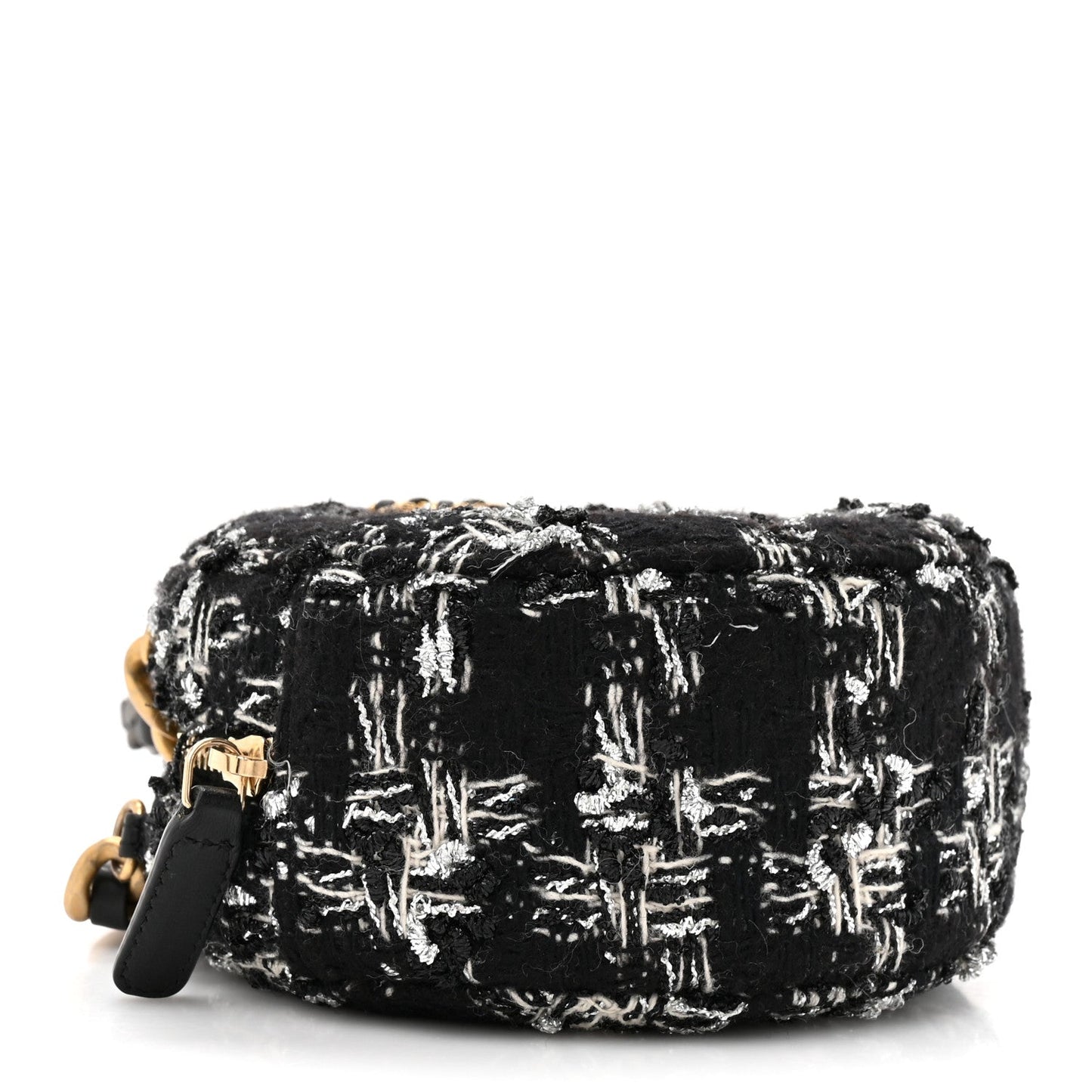 Tweed Quilted 19 Round Clutch With Chain Black White