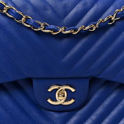 Lambskin Chevron Quilted Jumbo Double Flap Navy Blue