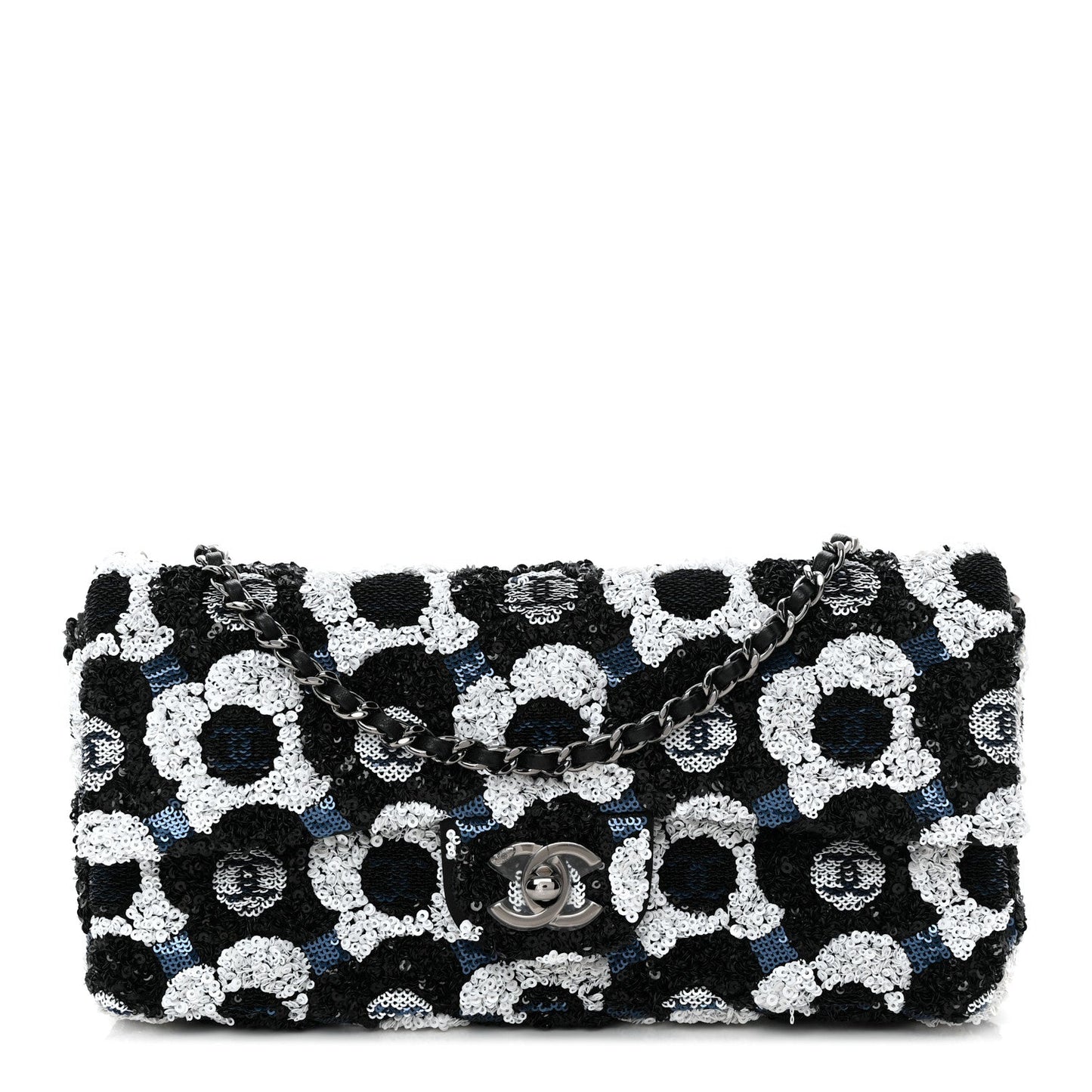Satin Sequin Embellished Flower East West Flap Black White Blue