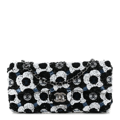 Satin Sequin Embellished Flower East West Flap Black White Blue