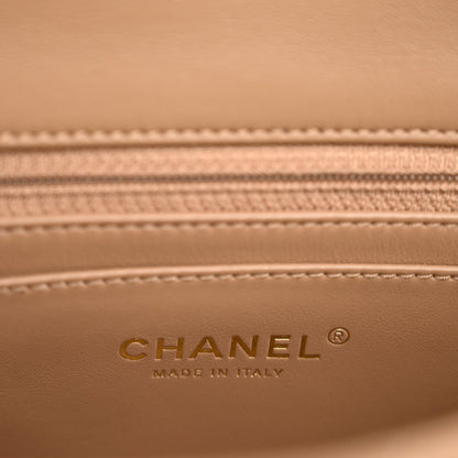 Lambskin Quilted Mini Rectangular Pearl Crush Flap Beige