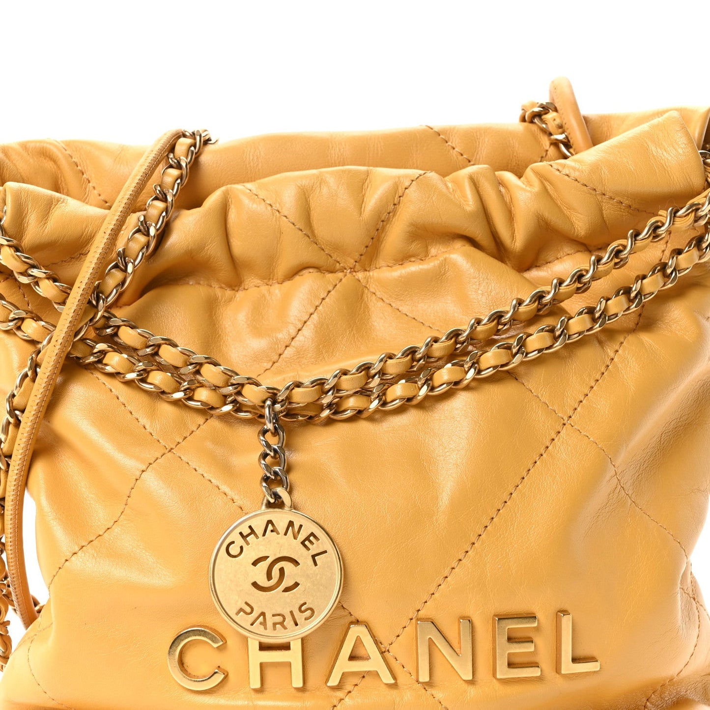 Shiny Calfskin Quilted Mini Chanel 22 Yellow