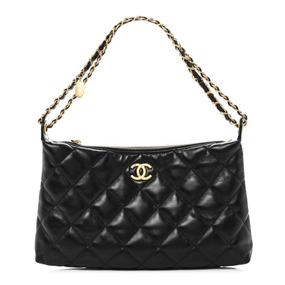 Shiny Lambskin Quilted CC Hobo Black