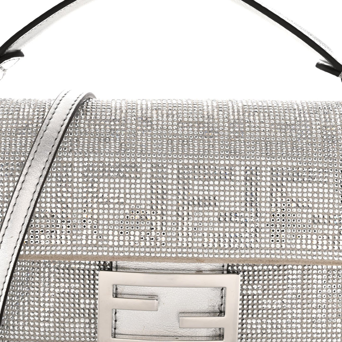 Crystal Vitello Laminato FF Mini Baguette Crystal Argento