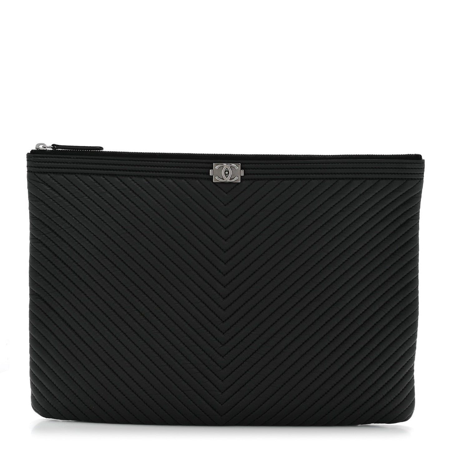 Calfskin Chevron Quilted Large Boy Cosmetic Case Black