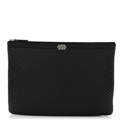 Calfskin Chevron Quilted Large Boy Cosmetic Case Black