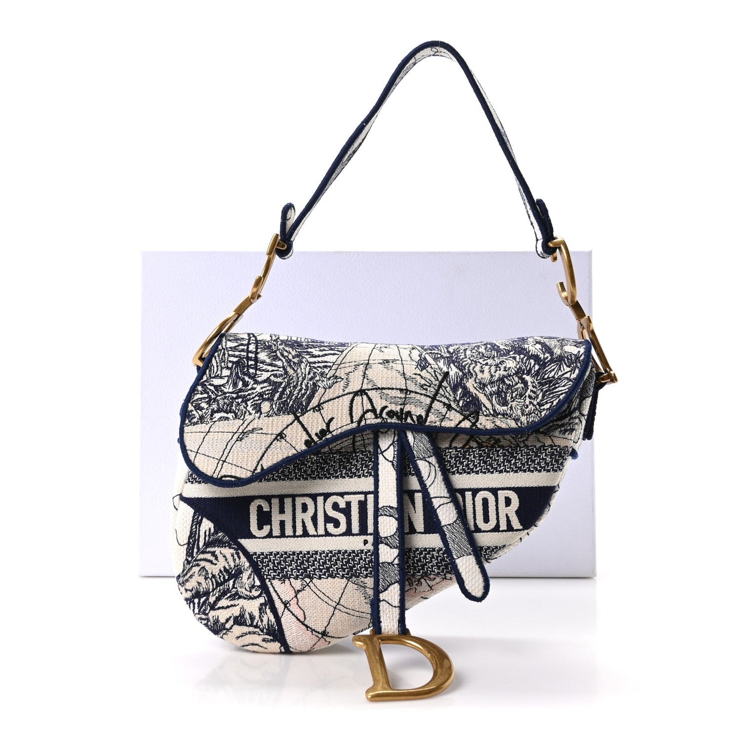 Canvas Embroidered Around the World Saddle Bag Blue