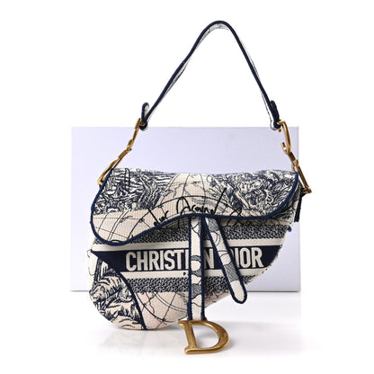 Canvas Embroidered Around the World Saddle Bag Blue