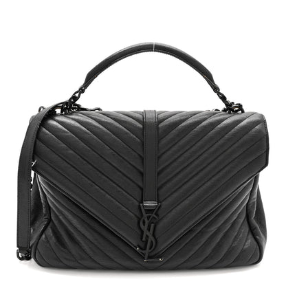 Sheepskin Matelasse Chevron Monogram Monochrome Large College Satchel Black