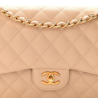 Caviar Quilted Jumbo Double Flap Light Beige