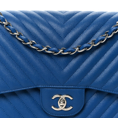 Caviar Chevron Quilted Jumbo Double Flap Blue