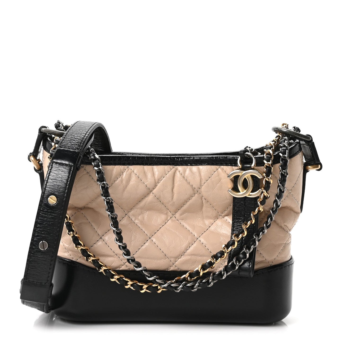 Aged Calfskin Quilted Small Gabrielle Hobo Beige Black