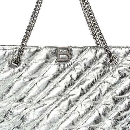 Metallic Crushed Calfskin Quilted Medium Crush Carry All Tote Bag Silver