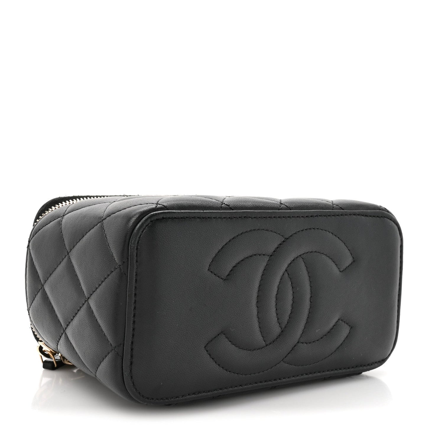 Lambskin Quilted Small Top Handle Vanity Case With Chain Black