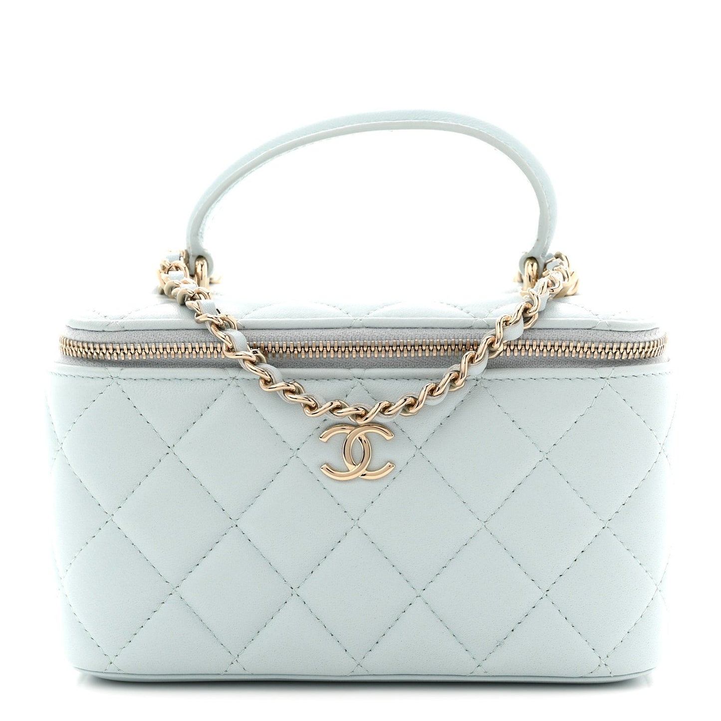 Lambskin Quilted Small Top Handle Vanity Case With Chain Light Blue