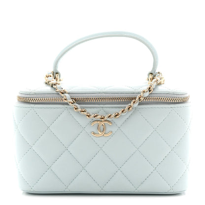 Lambskin Quilted Small Top Handle Vanity Case With Chain Light Blue