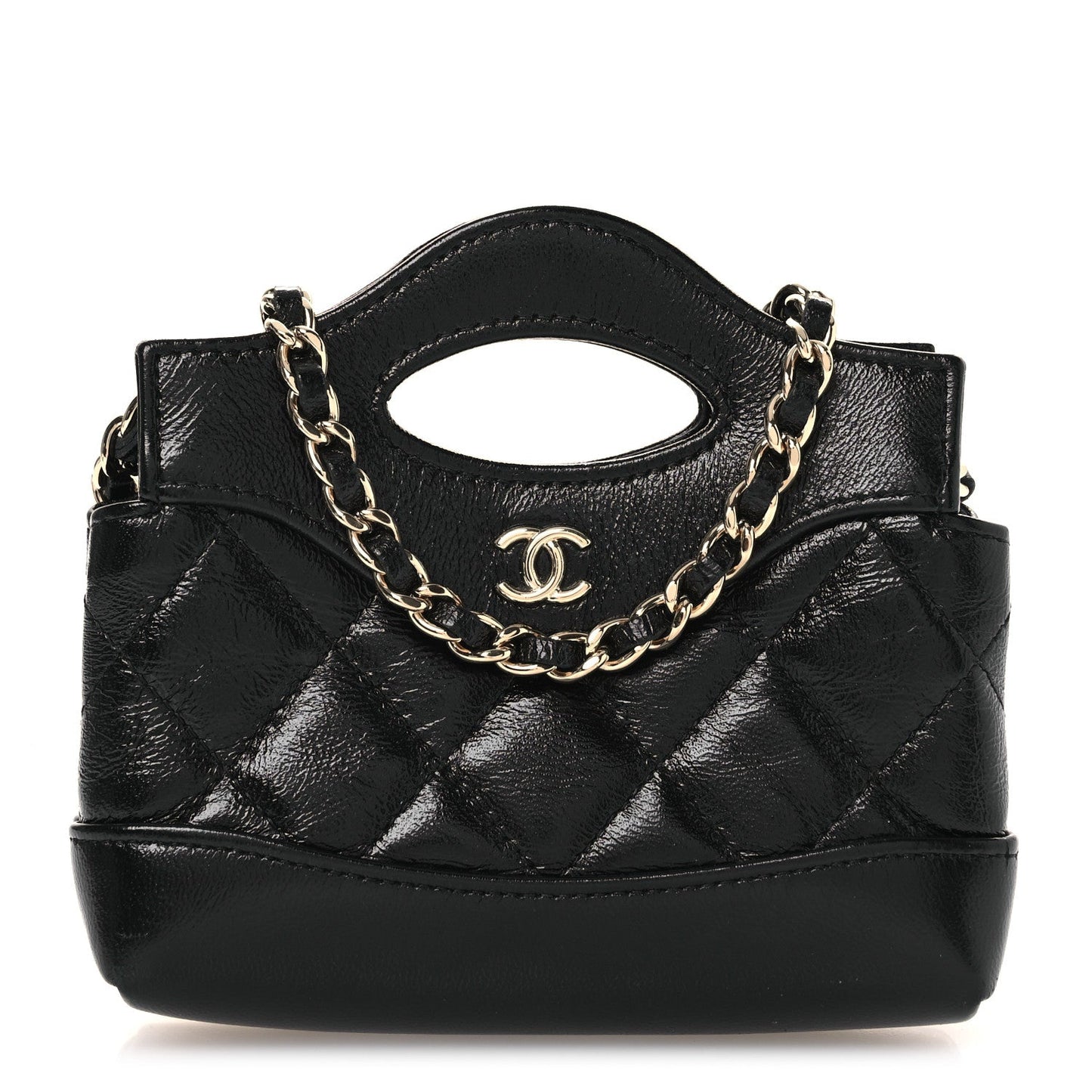 Shiny Lambskin Quilted Micro 31 Clutch With Chain Black