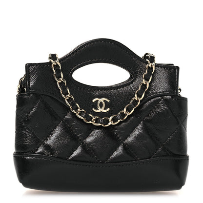 Shiny Lambskin Quilted Micro 31 Clutch With Chain Black