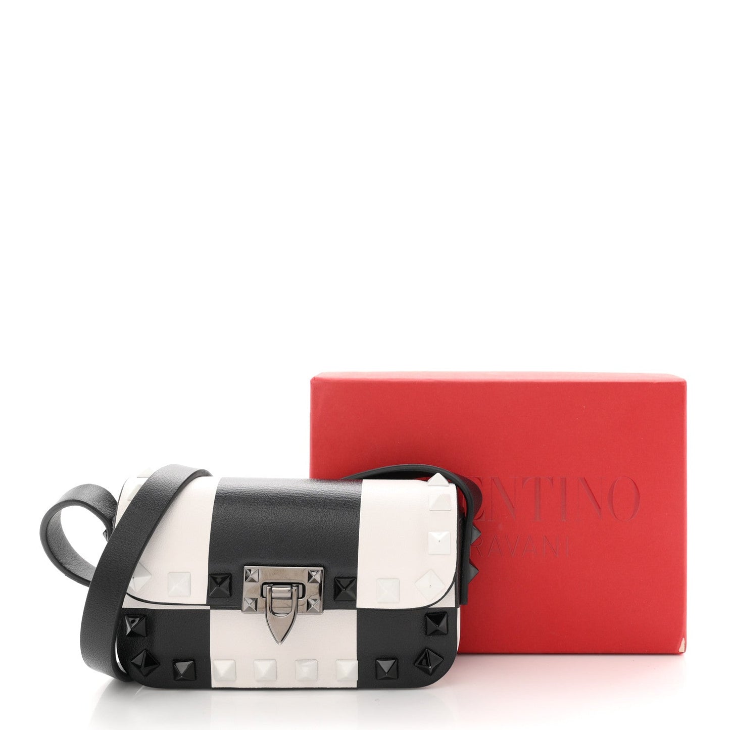 Vitello Chess Mini Rockstud Flip Lock Crossbody Bag Black White