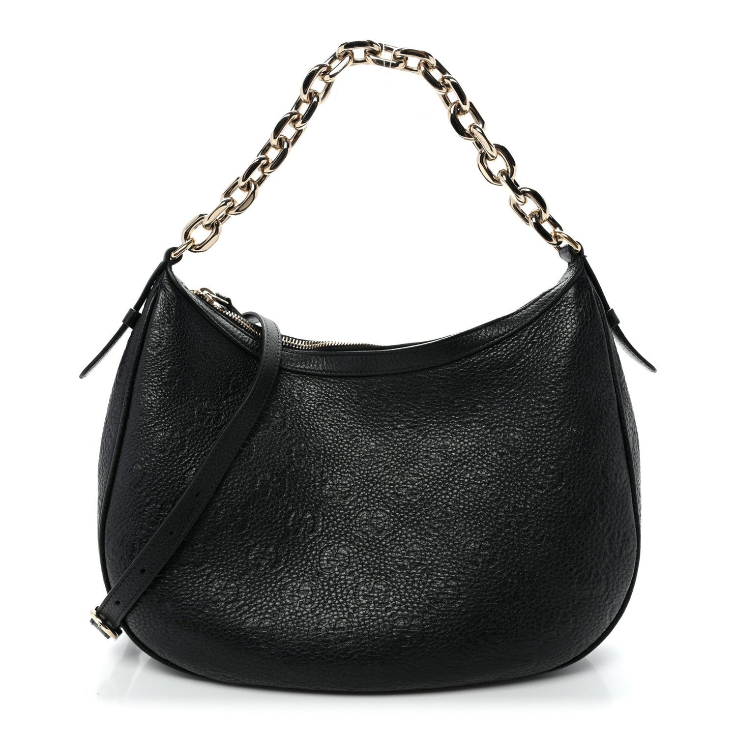 GG Grainy Calfskin Emblem Large Half Moon Shoulder Bag Black