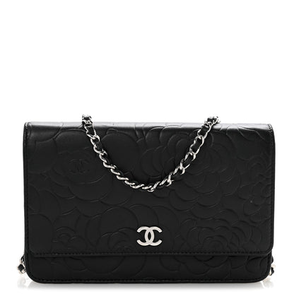 Lambskin Camellia Embossed Wallet On Chain WOC Black
