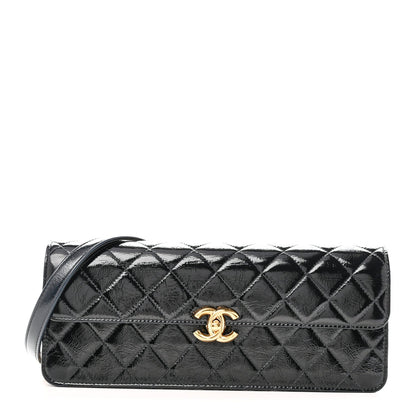 Patent Lambskin Quilted East West Flap Shoulder Bag Black