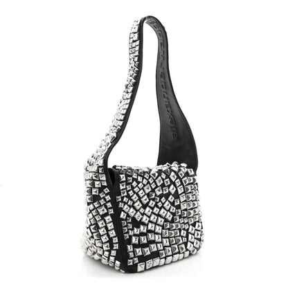 Sheepskin Studded Small Spike Hobo Black