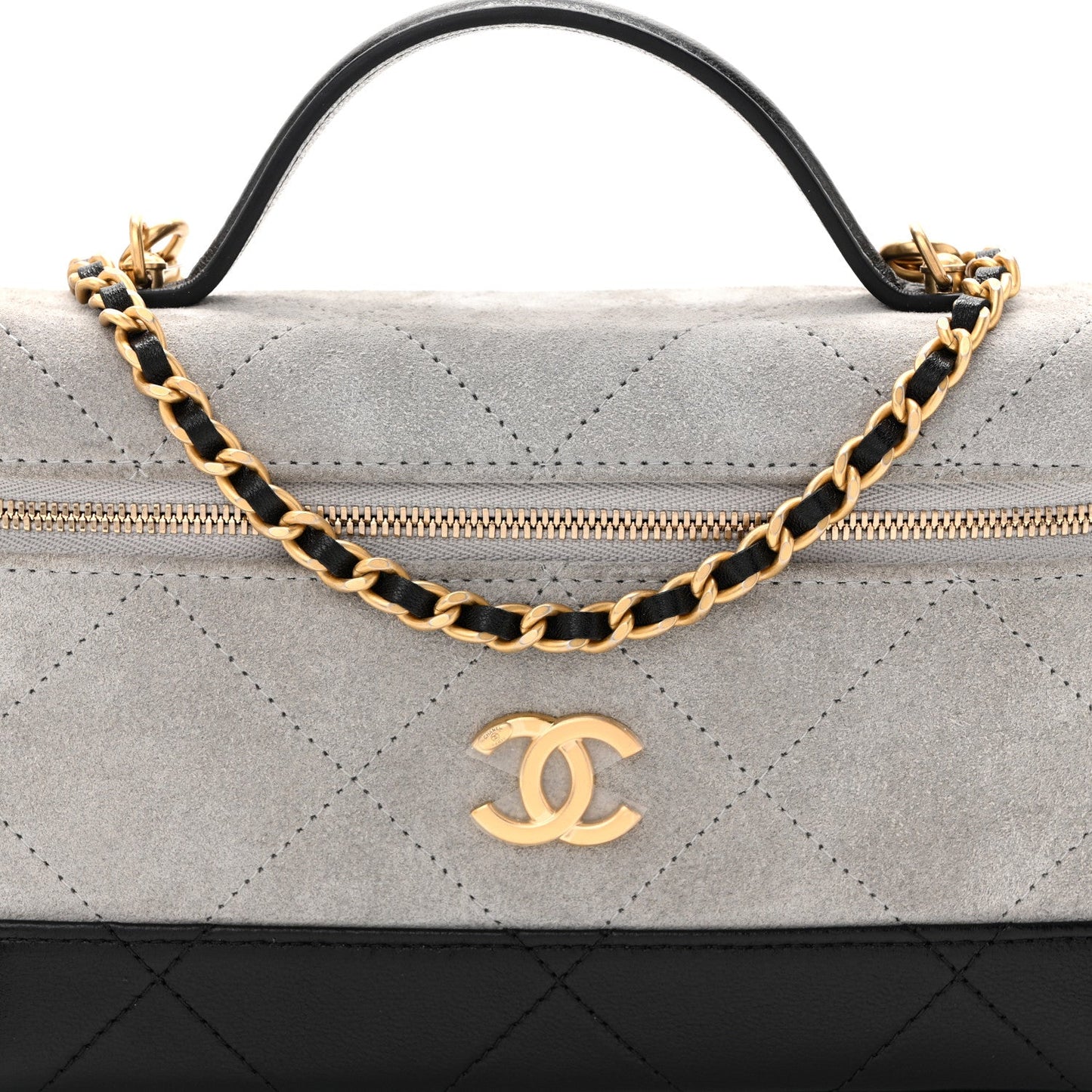 Suede Calfskin Shiny Lambskin Quilted Top Handle Slim Vanity Case With Chain Grey Black