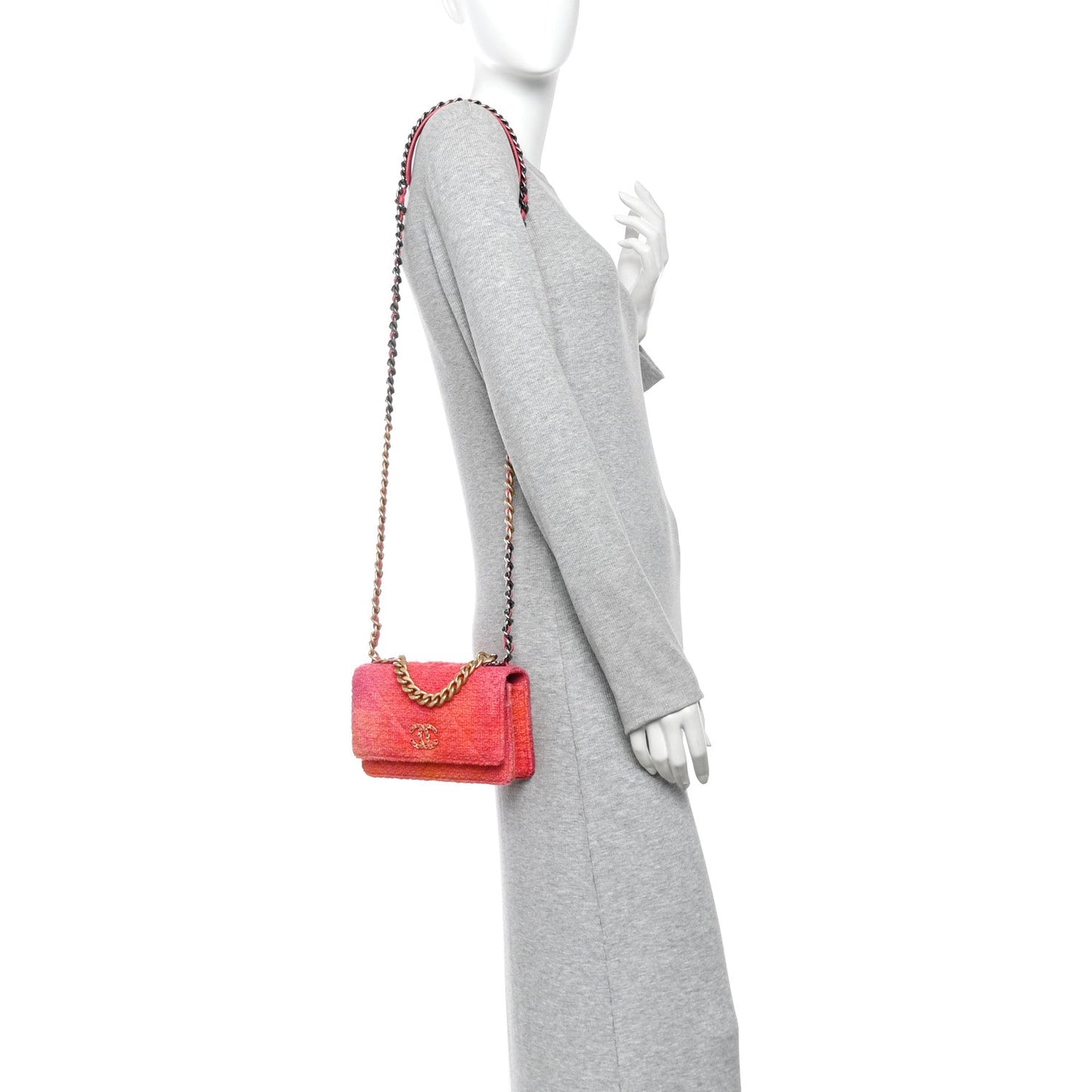 Wool Tweed Lambskin Quilted Chanel 19 Wallet On Chain WOC Coral Pink