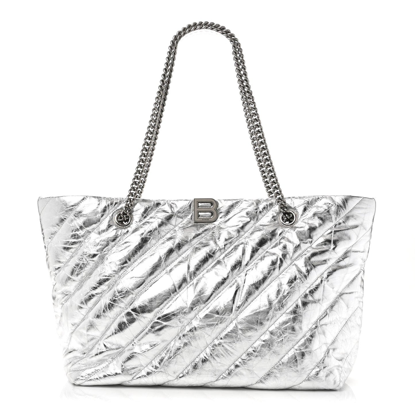 Metallic Crushed Calfskin Quilted Medium Crush Carry All Tote Bag Silver