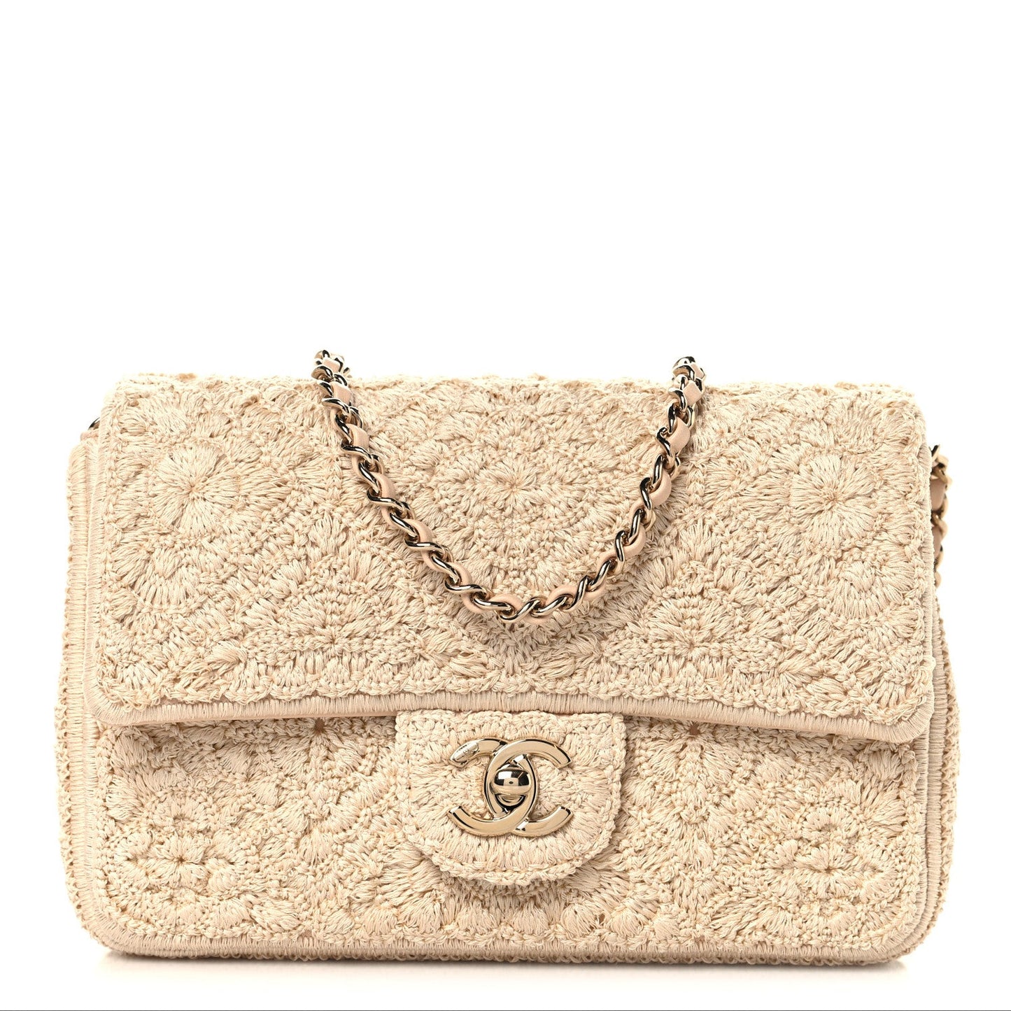Crochet Embroidered Mini Rectangular Flap Beige