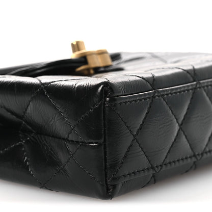Shiny Aged Calfskin Quilted Mini Nano Kelly Shopper Black