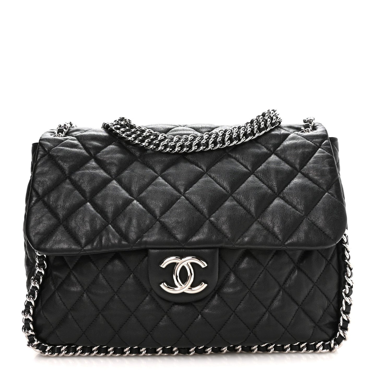 Washed Lambskin Quilted Maxi Chain Around Flap Black