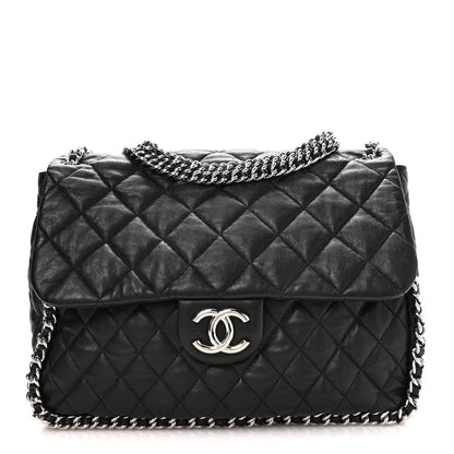 Washed Lambskin Quilted Maxi Chain Around Flap Black