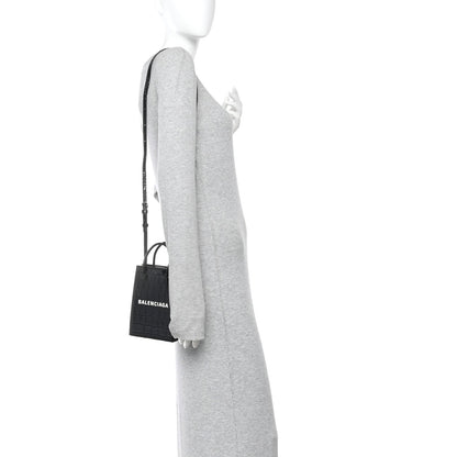 Calfskin Crocodile Embossed Logo Shopping Phone Holder Bag Black