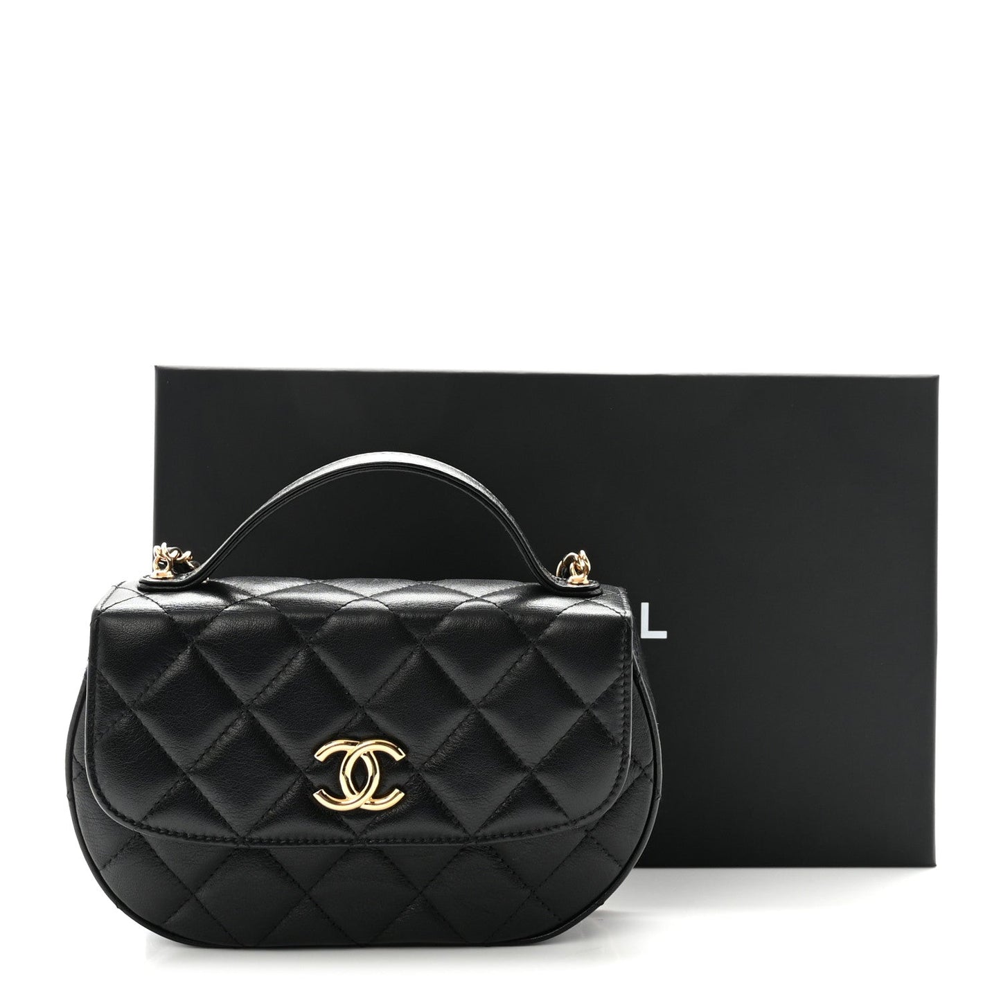 Shiny Aged Calfskin Quilted Top Handle Clutch With Chain Black