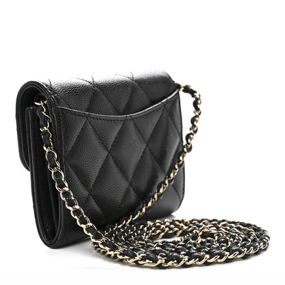 Caviar Quilted Flap Card Holder On Chain Black