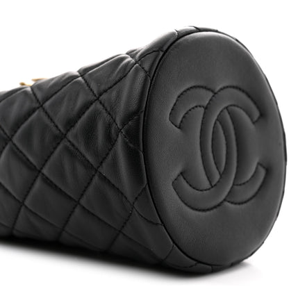 Lambskin Quilted Small Pearl Crush Bucket Bag Black
