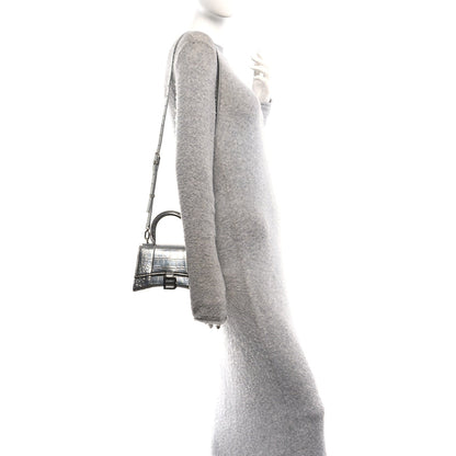 Metallic Calfskin Crocodile Embossed Hourglass Top Handle Bag XS Silver