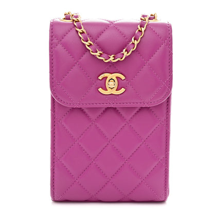 Lambskin Quilted Pearl Crush Phone Holder With Chain Purple