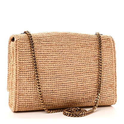 Raffia Medium Monogram Kate Satchel Natural Dark Oak
