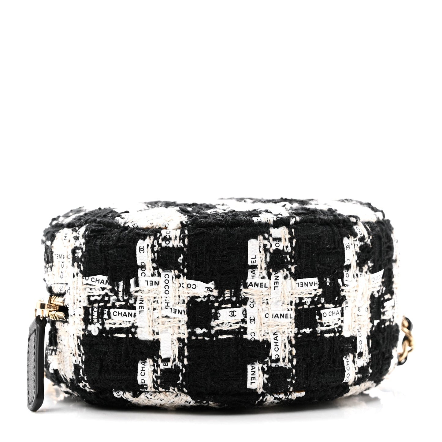 Tweed Quilted Round Clutch With Chain Black Ecru White