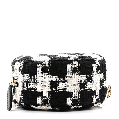 Tweed Quilted Round Clutch With Chain Black Ecru White