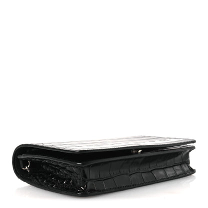Shiny Calfskin Logo Crocodile Embossed Ville Wallet on Chain Black